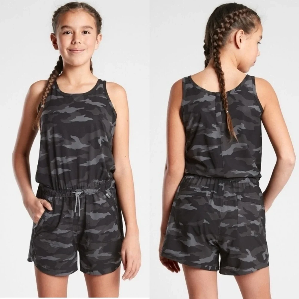 Athleta Girl Black Camo On The Go Shorts Romper, Size L/12